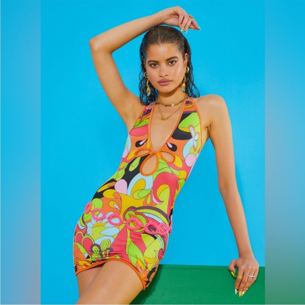 Jaded London Retro Print Plunge Halter Dress 4